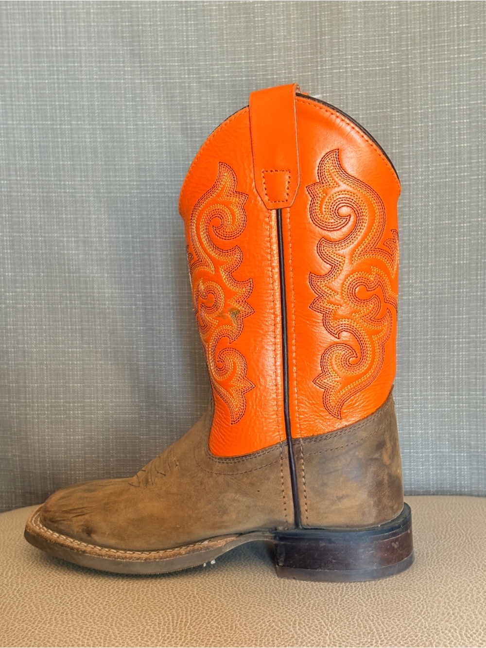 Old West Kids Orange and Brown Six-Row Stitch Western Boots - Picture 9 of 12